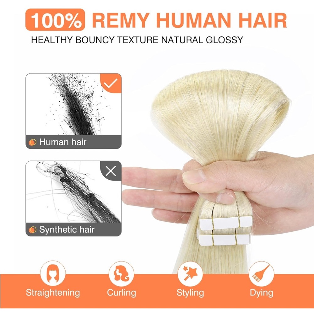 20pcs 50g 16 Inch Platinum Blonde Remy Human Hair,Straight Seamless Tape Ins - Picture 2 of 5
